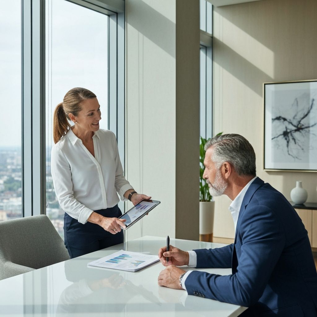 Consultor financiero en reunión con cliente ejecutivo revisando análisis patrimonial detallado