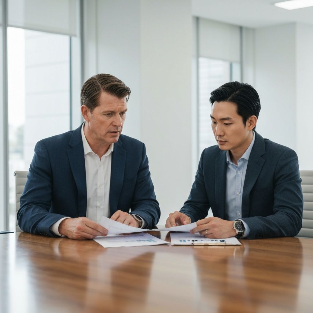 Profesional financiero analizando estrategias de inversión con cliente ejecutivo en oficina moderna