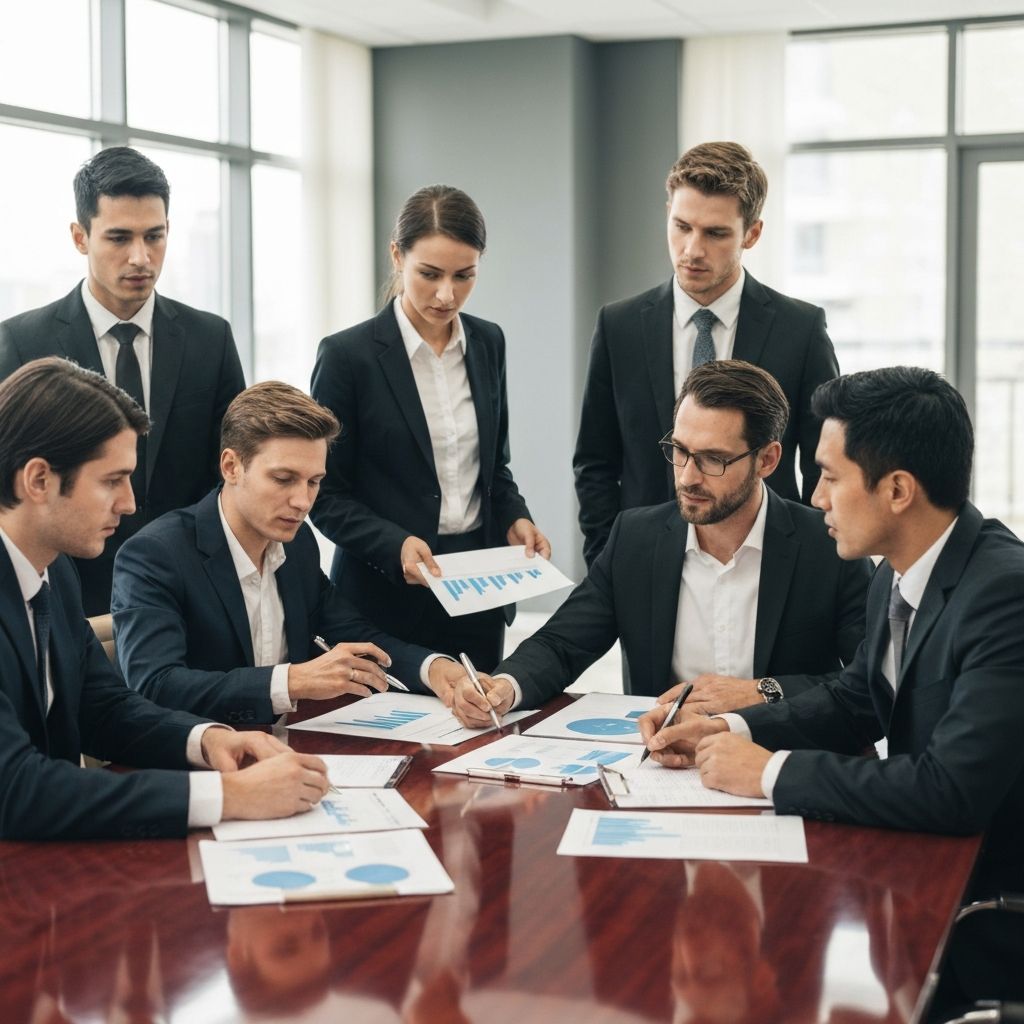 Grupo de ejecutivos profesionales en reunión estratégica revisando planes financieros